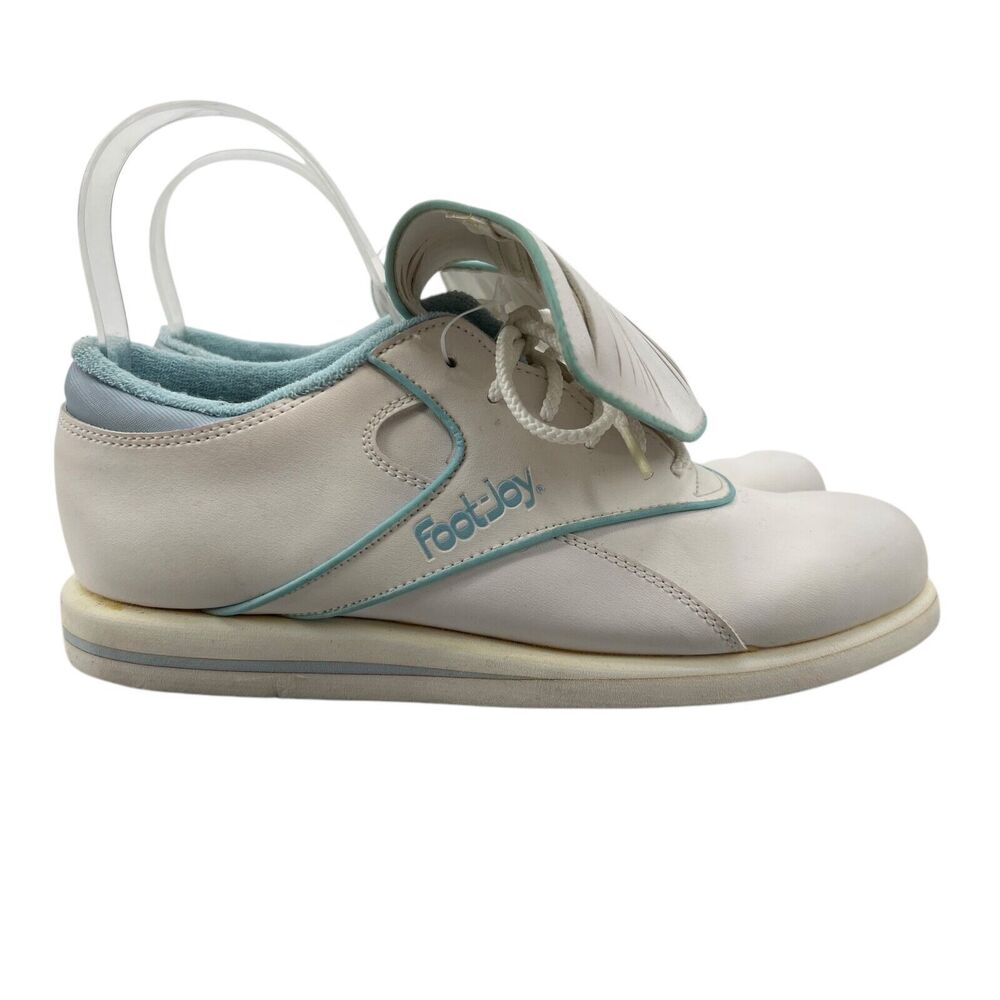 Vintage FootJoy Womens 6.5 Golf Shoes White Baby Blue Spiked Kiltie Fan 48785